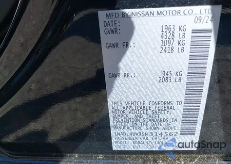 2025 Nissan Altima Sv из США, поврежденный, VIN 1N4BL4DV9SN314562